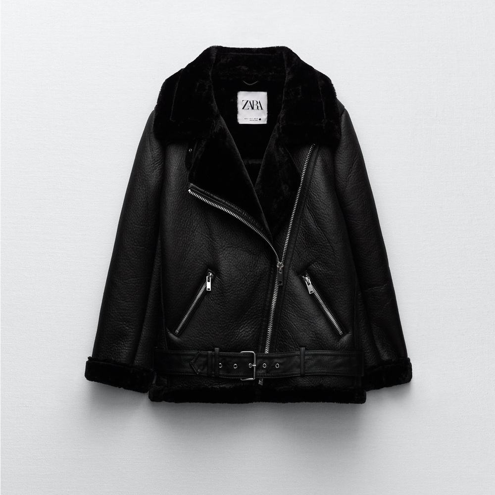Zara Black Faux Leather Shearling Biker Jacket